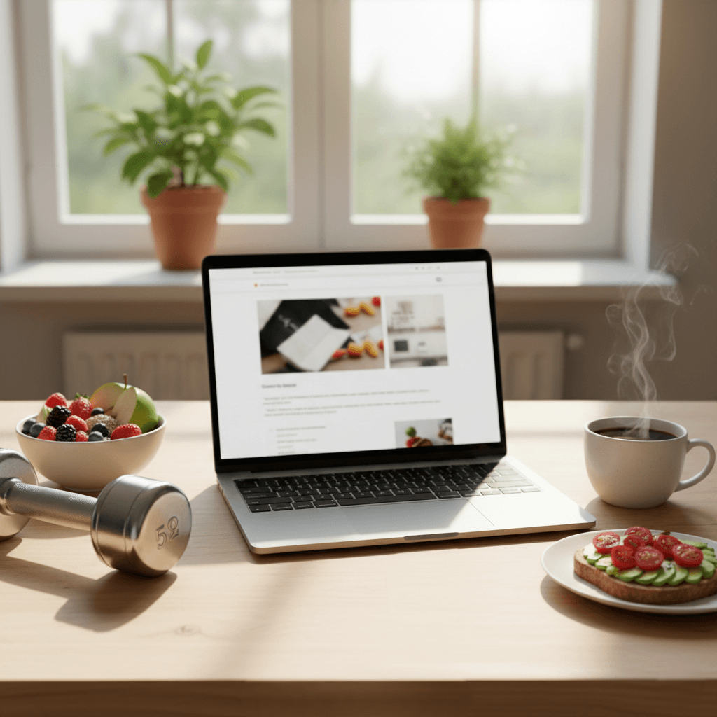 Notebook, coffee, and laptop on a desk